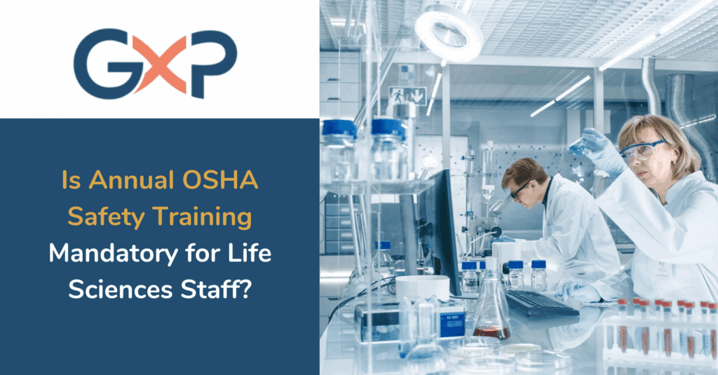 Personal de ciencias de la vida asistiendo a una sesión anual de formación en seguridad de laboratorio de la OSHA en un laboratorio moderno