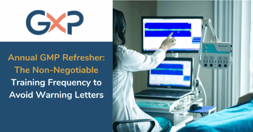 Pharmaceutical manufacturing staff in full GxP attire attending their non-negotiable annual GMP refresher training.