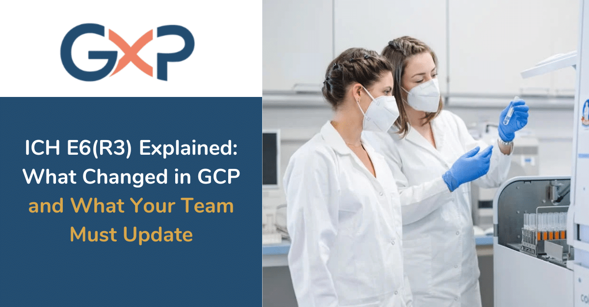 A clinical research team in a boardroom reviewing the new ICH E6(R3) guidelines on a tablet and paper charts.